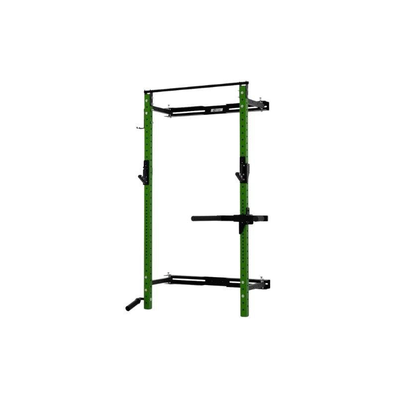 The Exigo X70 Folding Rack, available in Standard or Short Height, is a green and black wall-mounted squat rack with pull-up bar and adjustable attachments—a space-saving strength solution for home gyms. Freestanding against a white background.