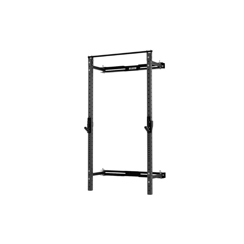 The Exigo X70 Folding Rack (Standard or Short Height) by Exigo is a black and gray, wall-mounted squat rack with adjustable hooks and support bars, designed for space-saving weightlifting and home gym use. Photographed against a white background.