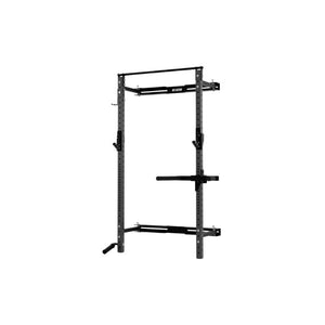 The Exigo X70 Folding Rack (Standard or Short Height) by Exigo is a black and gray wall-mounted squat rack with adjustable bars and attachments, providing a space-saving strength solution for home gyms, shown isolated on a white background.
