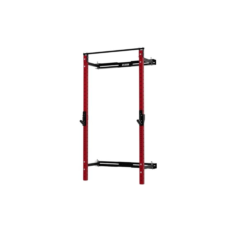 The Exigo X70 Folding Rack (Standard or Short Height) by Exigo features red vertical supports and black horizontal bars. This wall-mounted, space-saving squat rack is ideal for home gyms and designed for weightlifting, shown here against a white background.