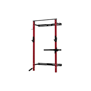 The Exigo X70 Folding Rack (Standard or Short Height) by Exigo is a red and black space-saving squat rack with a pull-up bar and adjustable dip bars, perfect for home gyms and shown isolated on a white background.