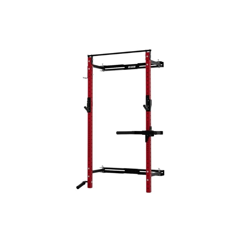 The Exigo X70 Folding Rack (Standard or Short Height) by Exigo is a red and black space-saving squat rack with a pull-up bar and adjustable dip bars, perfect for home gyms and shown isolated on a white background.