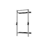The Exigo X70 Folding Rack (Standard or Short Height) by Exigo is a wall-mounted power rack with pull-up bar and adjustable safety bars, featuring a sleek silver frame with black accents—perfect for weightlifting in your home gym.