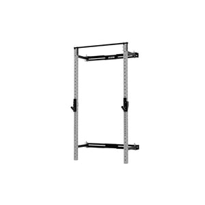 The Exigo X70 Folding Rack (Standard or Short Height) by Exigo is a wall-mounted power rack with pull-up bar and adjustable safety bars, featuring a sleek silver frame with black accents—perfect for weightlifting in your home gym.