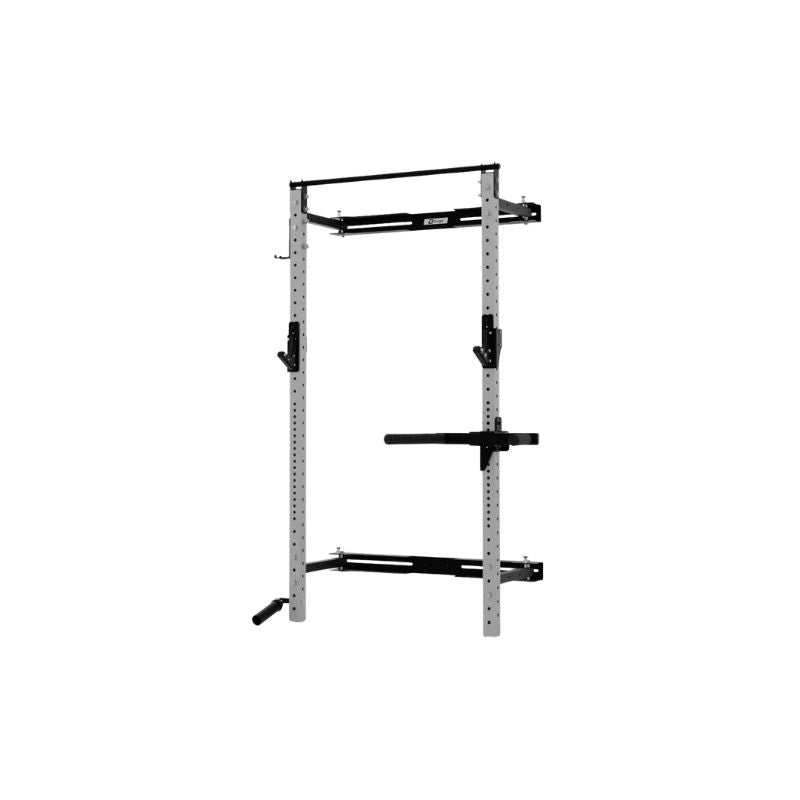 The Exigo X70 Folding Rack (Standard or Short Height) by Exigo is a wall-mounted squat rack with adjustable safety bars and pull-up bar, offering a space-saving strength solution for your home gym, shown against a plain white background.
