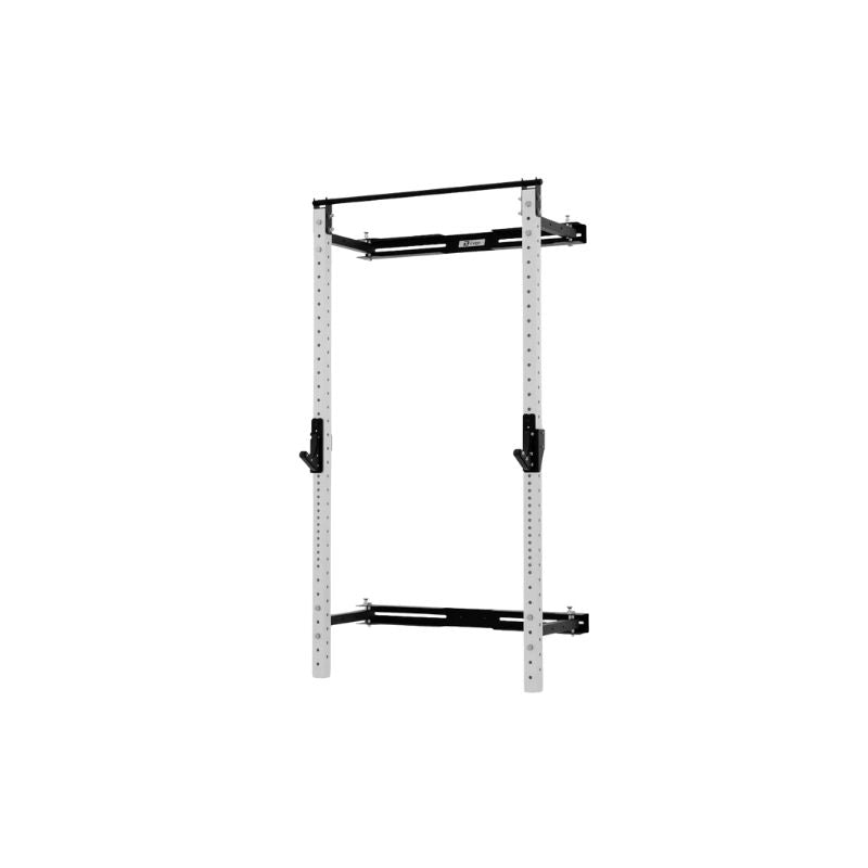 The Exigo X70 Folding Rack by Exigo features two vertical white beams, black horizontal supports, and adjustable barbell holders—a metal wall-mounted, space-saving strength solution for your home gym.
