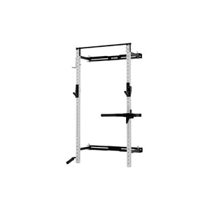 The Exigo X70 Folding Rack by Exigo is a wall-mounted, space-saving squat rack with pull-up bar and adjustable supports. Its mostly white frame with black parts makes it ideal for home gyms. Shown against a white background.