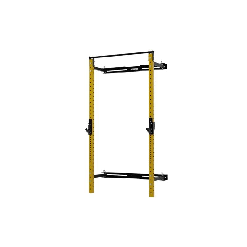 The Exigo X70 Folding Rack (Standard or Short Height) by Exigo is a yellow and black wall-mounted rack with two vertical posts, adjustable hooks, and a top pull-up bar—perfect for saving space in any home gym. Background: plain white.