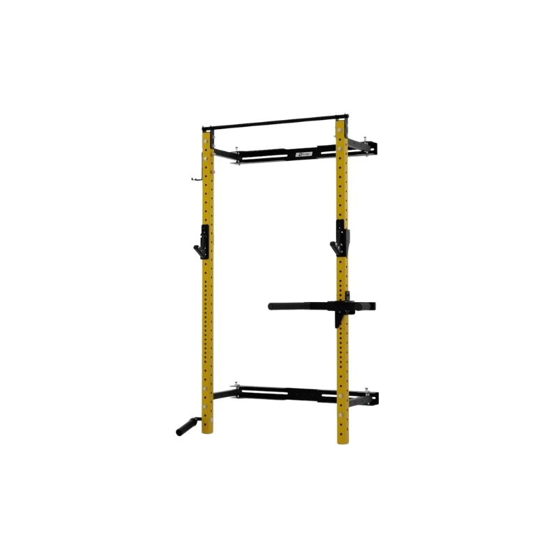 The Exigo X70 Folding Rack (Standard or Short Height) by Exigo is a yellow and black wall-mounted squat rack with adjustable hooks and bars, ideal for weightlifting and strength training. Shown isolated on a white background, it's a space-saving solution.