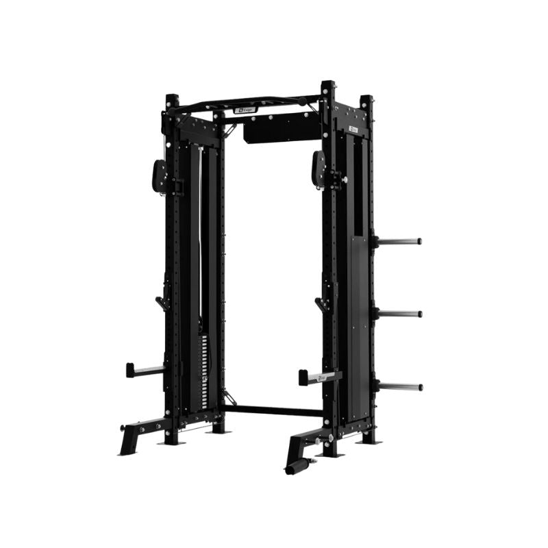 The Exigo X70 Cable Half Rack by Exigo, shown against a white background, features multiple pull-up bars, weight plate holders, adjustable safety bars, and a dual adjustable cable system for versatile strength training.