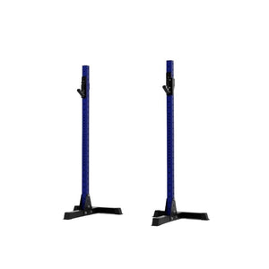 The Exigo X70 Free Standing Squat Stands, featuring blue uprights and black bases, are ideal for home gyms and barbell training. These sturdy Exigo stands are spaced apart on a white background, ready to support heavy lifts.