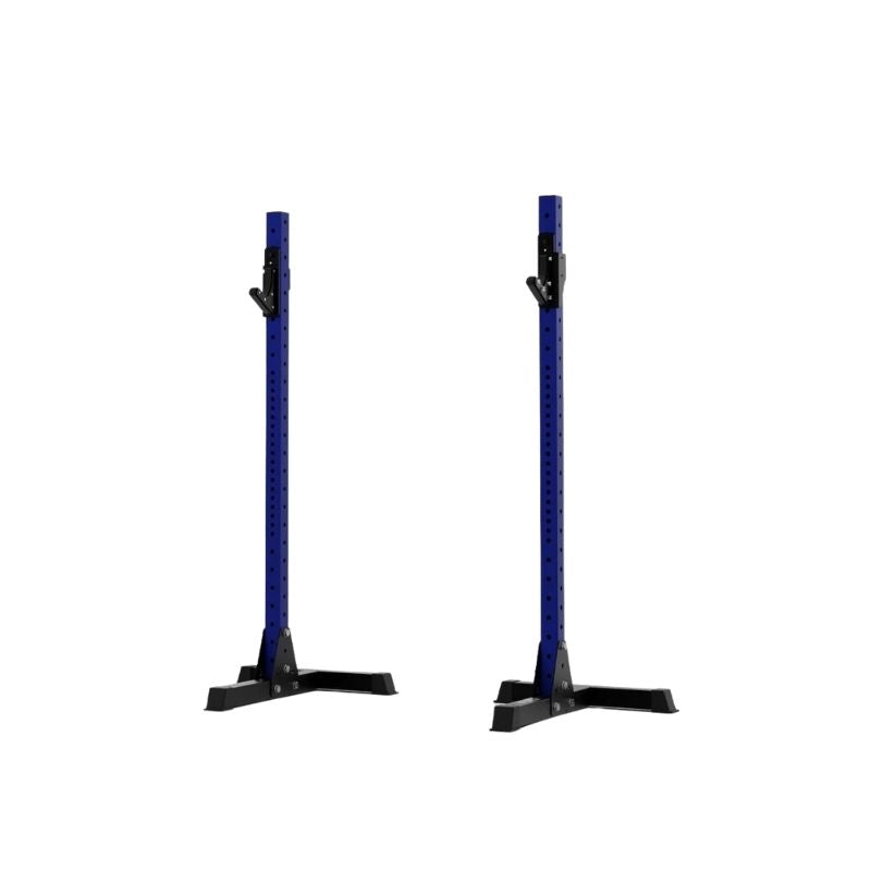 The Exigo X70 Free Standing Squat Stands, featuring blue uprights and black bases, are ideal for home gyms and barbell training. These sturdy Exigo stands are spaced apart on a white background, ready to support heavy lifts.