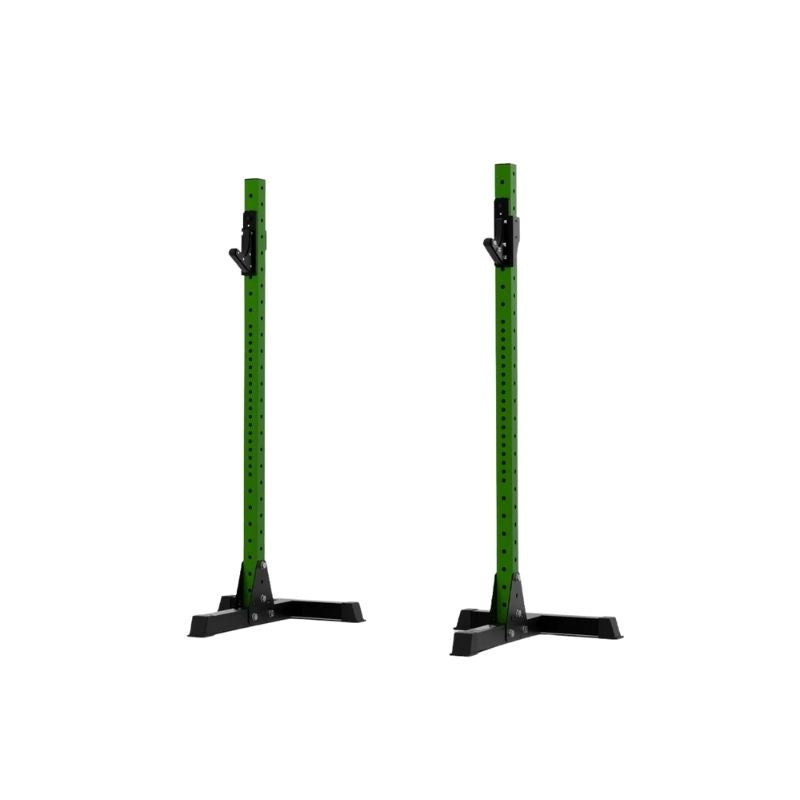 Two green Exigo X70 Free Standing Squat Stands by Exigo, each with a black base, multiple adjustment holes, and safety hooks, are shown upright on a white background—ideal for heavy barbell training in home gyms.