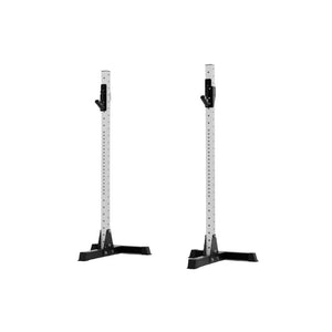 The Exigo X70 Free Standing Squat Stands by Exigo feature black bases and multiple height adjustment holes—perfect for heavy barbell training in your home gym.