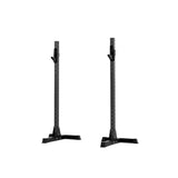 The Exigo X70 Free Standing Squat Stands by Exigo, in black with wide stable bases, are perfect for heavy barbell training and ideal for any home gym setup. Shown side by side on a white background.