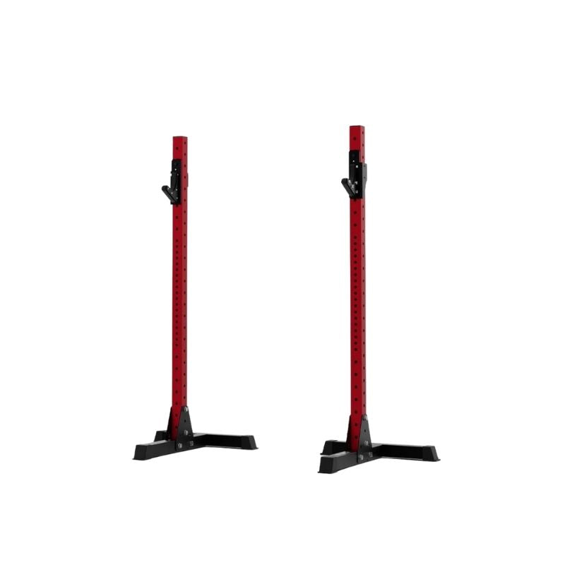 The Exigo X70 Free Standing Squat Stands by Exigo feature a sturdy red and black design with multiple height adjustments, ideal for heavy barbell training in your home gym.
