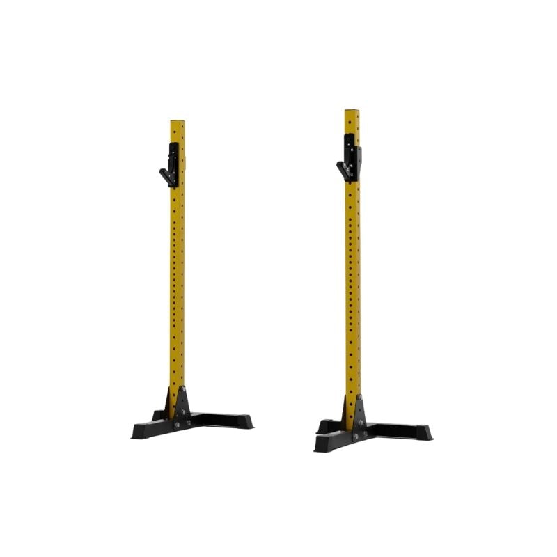 The Exigo X70 Free Standing Squat Stands by Exigo, in yellow and black, feature sturdy bases and upright, parallel design—perfect for heavy barbell training at home.
