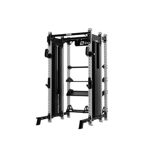 The Exigo X70 Cable Half Rack by Exigo is a commercial-grade, black and silver rack with dual adjustable cables, bars, and attachments—ideal for strength training and weightlifting.