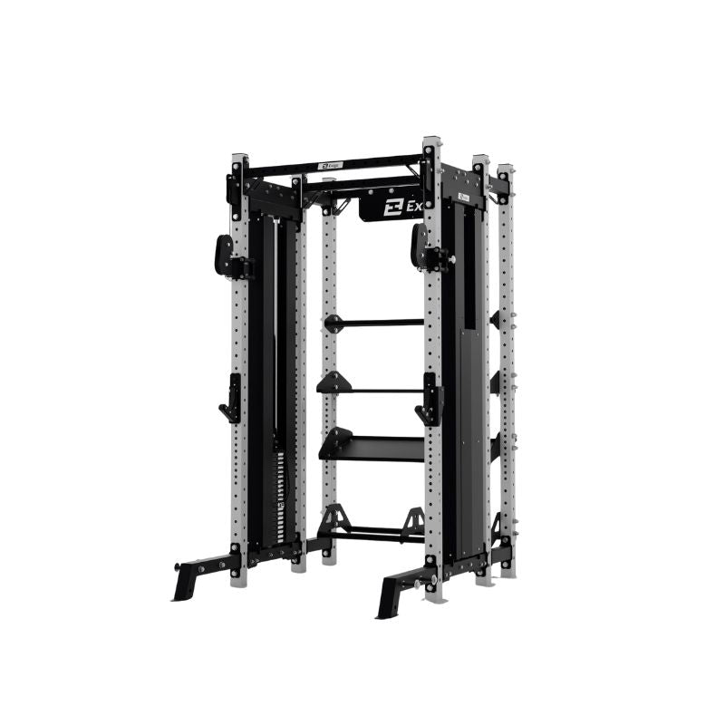 The Exigo X70 Cable Half Rack by Exigo is a commercial-grade, black and silver rack with dual adjustable cables, bars, and attachments—ideal for strength training and weightlifting.