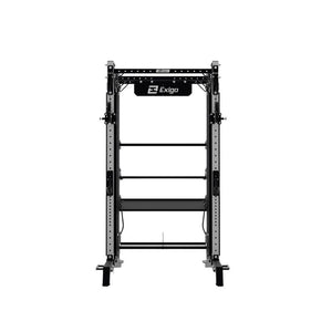 Front view of the Exigo EXIGO X70 Cable Half Rack, a commercial-grade gym equipment rack with adjustable bars and supports for weightlifting and strength training, by Exigo, set against a plain white background.