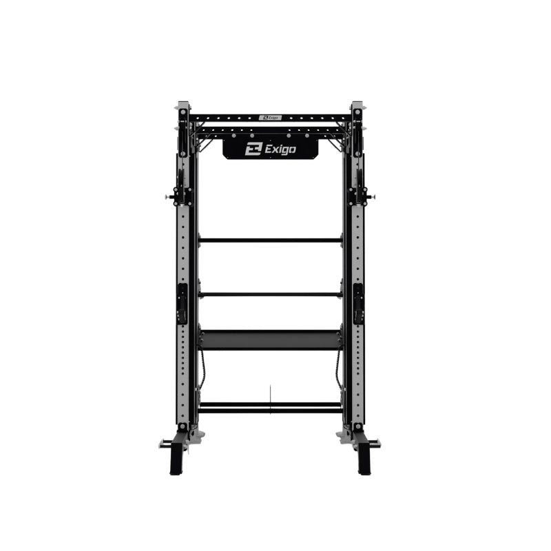 Front view of the Exigo EXIGO X70 Cable Half Rack, a commercial-grade gym equipment rack with adjustable bars and supports for weightlifting and strength training, by Exigo, set against a plain white background.