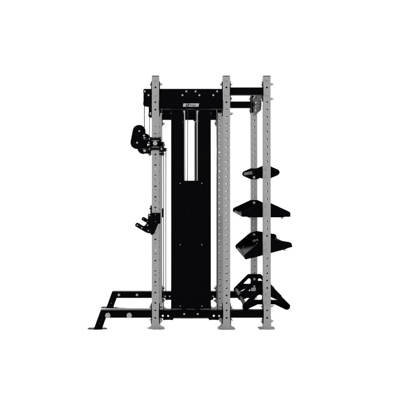 The Exigo X70 Cable Half Rack by Exigo is a black and silver commercial-grade strength rack featuring adjustable safety bars, weight plate holders, and a central cable pulley system for weightlifting exercises.