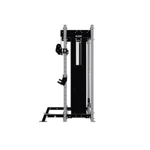 The Exigo X70 Cable Half Rack by Exigo is a black and silver functional training machine with adjustable pulleys, perfect for strength exercises. Its versatile design rivals any commercial gym rack, shown here against a plain white background.