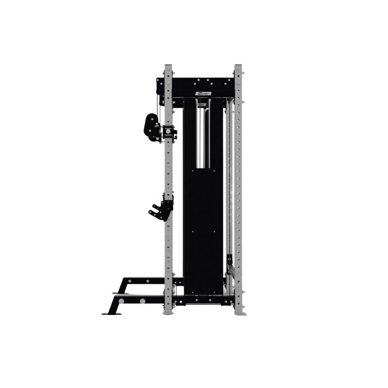 The Exigo X70 Cable Half Rack by Exigo is a black and silver functional training machine with adjustable pulleys, perfect for strength exercises. Its versatile design rivals any commercial gym rack, shown here against a plain white background.