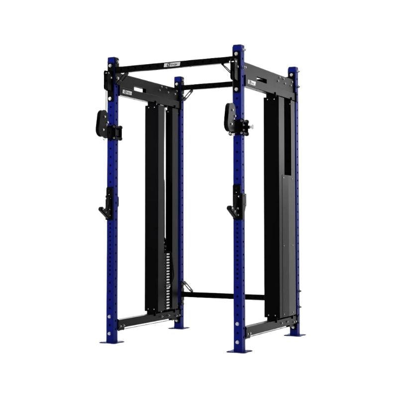 The Exigo X70 Cable Power Rack is a freestanding, blue and black commercial rack with adjustable safety bars, integrated cable system, multiple barbell height options, and a top pull-up bar for versatile strength training.