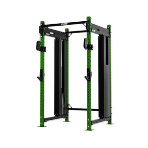 The Exigo X70 Cable Power Rack is a green and black commercial weightlifting station with adjustable safety bars and attachments, featuring a cable system by Exigo, shown on a white background.