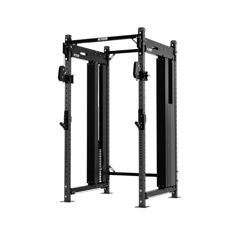 The Exigo X70 Cable Power Rack by Exigo is a UK-built commercial weightlifting station featuring adjustable barbell supports, safety bars, and upper crossbars—ideal for strength training and home gyms.