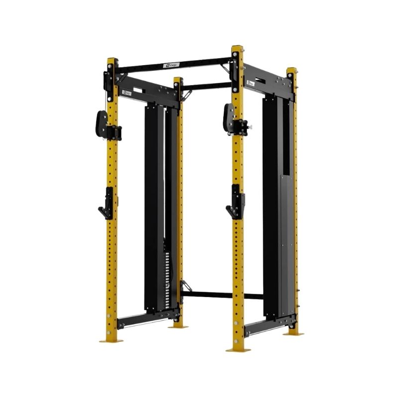 The Exigo X70 Cable Power Rack in yellow and black features adjustable safety bars, an integrated cable system, and multiple attachments for strength training—ideal for commercial setups. Shown on a white background.