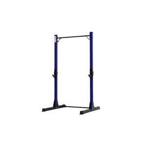The Exigo X70 Quarter Rack by Exigo is a blue and black metal rack with adjustable supports and a pull-up bar, perfect for strength training and weightlifting in any home gym. It stands sleekly on a white background.