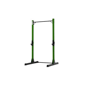 The Exigo X70 Quarter Rack by Exigo, in green and black with an attached pull-up bar, is ideal for strength training and weightlifting at home; pictured against a plain white background.