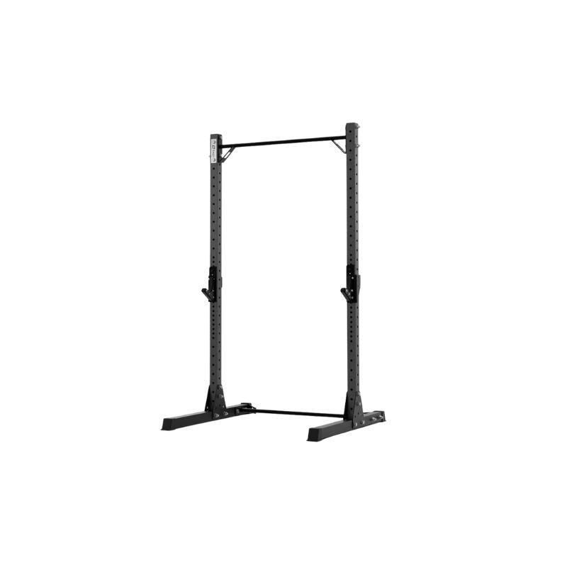 The Exigo X70 Quarter Rack by Exigo features two black metal vertical posts, adjustable hooks, and a top pull-up bar—ideal for home gym strength training. Shown here against a plain white background.