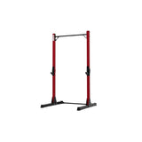 The Exigo X70 Quarter Rack by Exigo features red and black metal construction, two vertical posts, adjustable hooks, a pull-up bar, and a wide base. Ideal for home gym strength training, this freestanding rack is shown against a white background.
