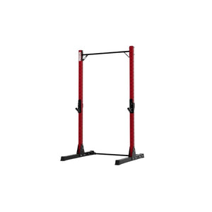 The Exigo X70 Quarter Rack by Exigo features red and black metal construction, two vertical posts, adjustable hooks, a pull-up bar, and a wide base. Ideal for home gym strength training, this freestanding rack is shown against a white background.