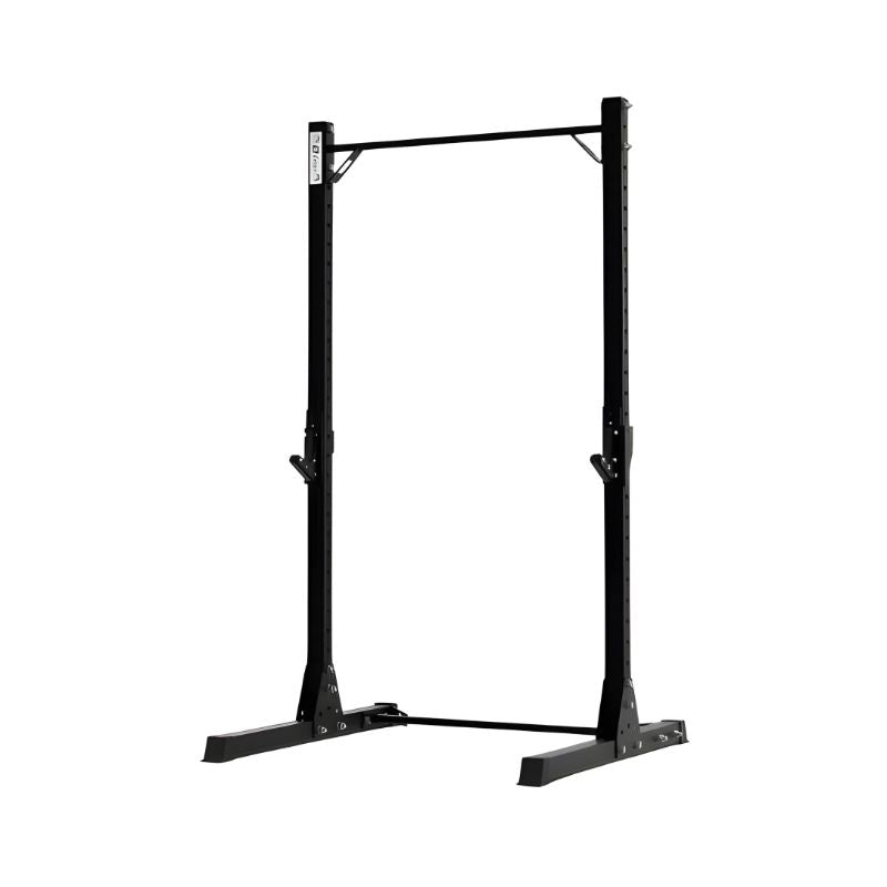 The Exigo X70 Quarter Rack by Exigo is a black, heavy-duty metal squat rack featuring adjustable barbell hooks and a top pull-up bar—ideal premium strength training equipment for commercial gyms.