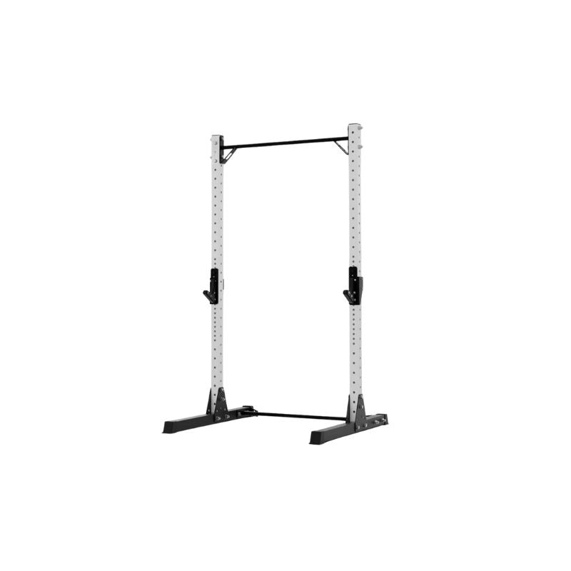The Exigo X70 Quarter Rack by Exigo is a freestanding metal rack with adjustable barbell holders and a top pull-up bar, perfect for home strength training, displayed against a plain white background.
