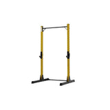 The Exigo X70 Quarter Rack by Exigo features a yellow and black design, pull-up bar, adjustable safety hooks, and sturdy base—ideal for strength training in your home gym.