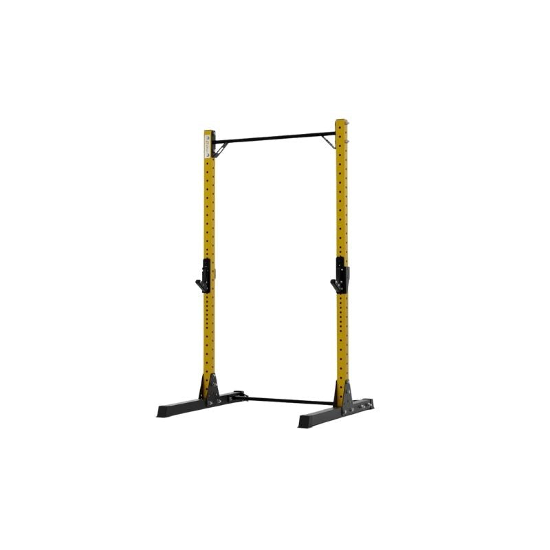 The Exigo X70 Quarter Rack by Exigo features a yellow and black design, pull-up bar, adjustable safety hooks, and sturdy base—ideal for strength training in your home gym.