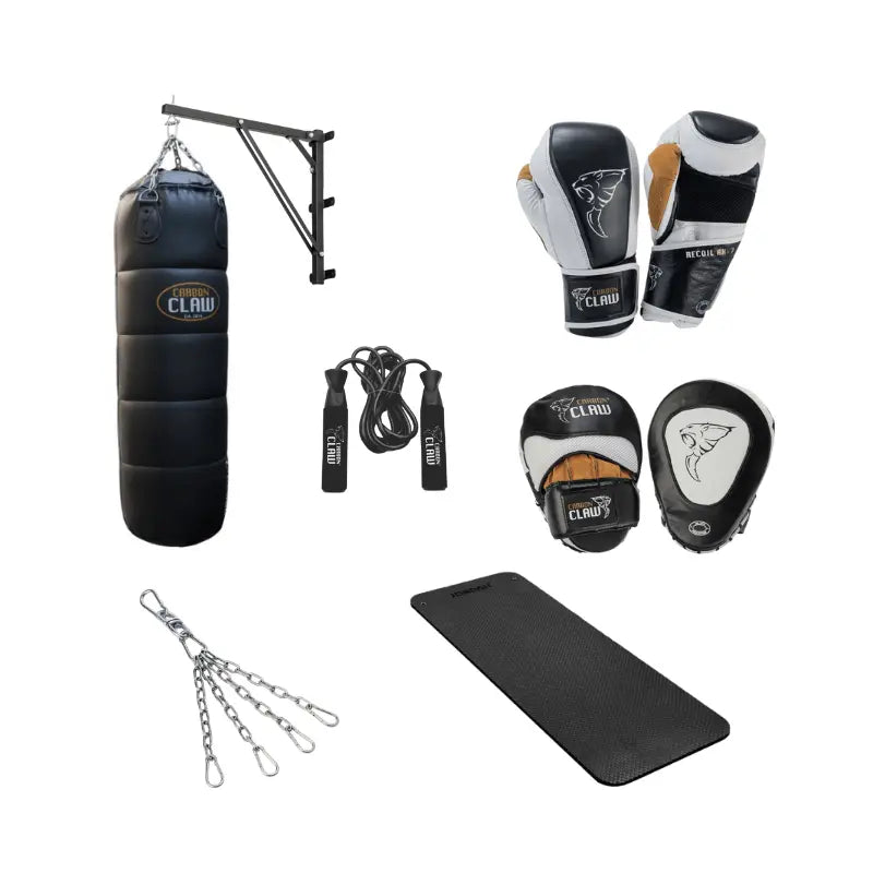 The Home Gym Pro Essential Fighter’s Bundle – Striking, Strength & Conditioning Setup includes a hanging punching bag with wall mount, black gloves, focus mitts, jump rope, chain and exercise mat—ideal for home boxing workouts.