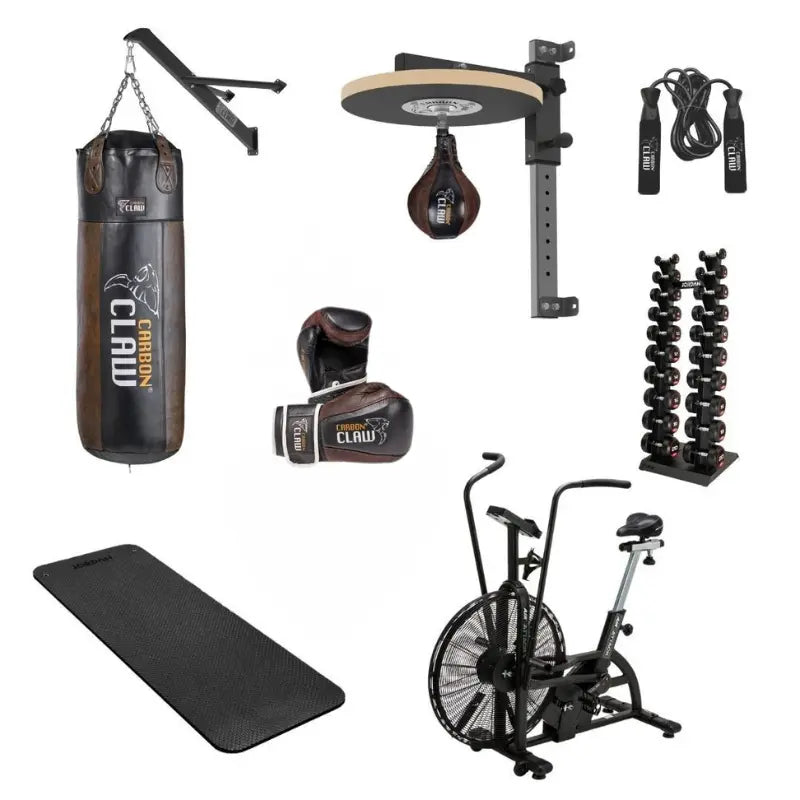 Create your own fight camp with the Home Gym Pro Pro Fighter’s Bundle – Complete Combat, Strength & Conditioning Package, featuring a punching bag, gloves, speed bag, jump rope, dumbbell rack, mat & air bike—all on a white background.