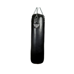 The HATTON BOXING Heavy Bag, hanging from metal chains against a white background, is ideal for boxing training and displays the Hatton logo with an “H” and wings on the front.