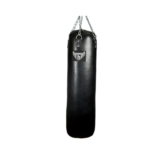 The HATTON BOXING Heavy Bag, hanging from metal chains against a white background, is ideal for boxing training and displays the Hatton logo with an “H” and wings on the front.