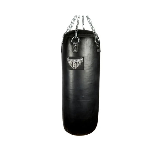 The HATTON BOXING Heavy Bag, hanging from metal chains against a white background, is ideal for boxing training and displays the Hatton logo with an “H” and wings on the front.
