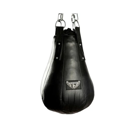 The Hatton HATTON BOXING Maize Bag is a black, teardrop leather punch bag with metal chains and hooks, logo patch on front—ideal for agility training and boxing footwork, shown isolated against a white background.