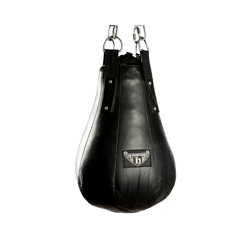 The Hatton HATTON BOXING Maize Bag is a black, teardrop leather punch bag with metal chains and hooks, logo patch on front—ideal for agility training and boxing footwork, shown isolated against a white background.