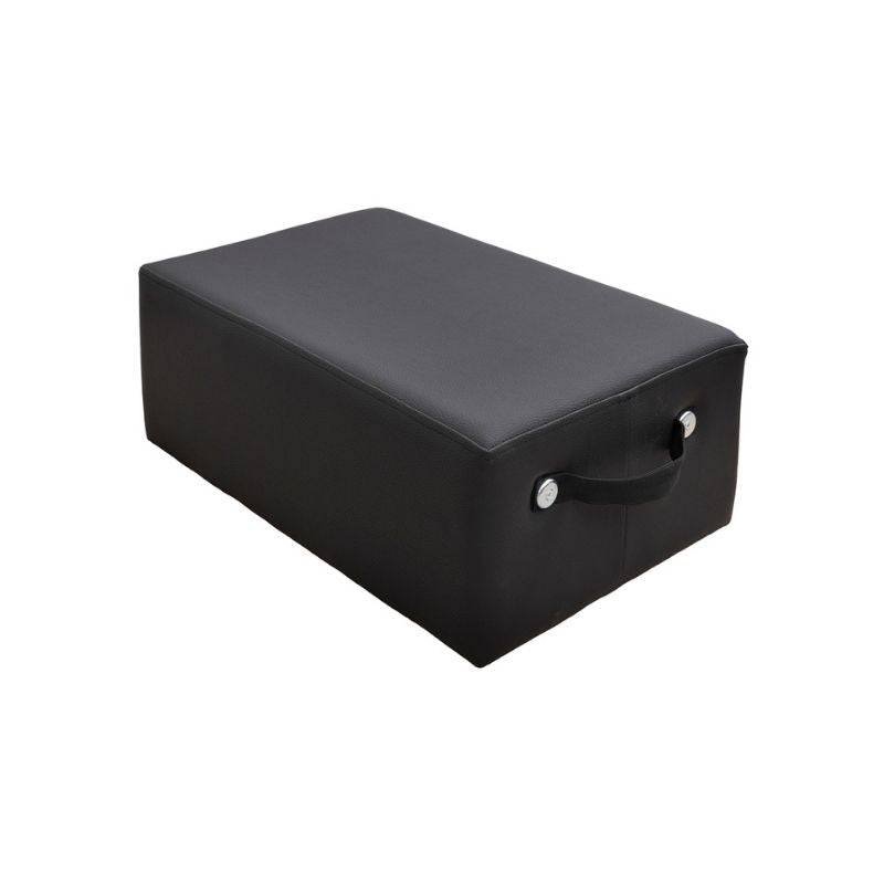 The HEGREN TALMA Pilates Box by Hegren is a premium high-density rectangular reformer box in black with a smooth surface, fabric handle, and two metal rivets, shown against a plain white background.