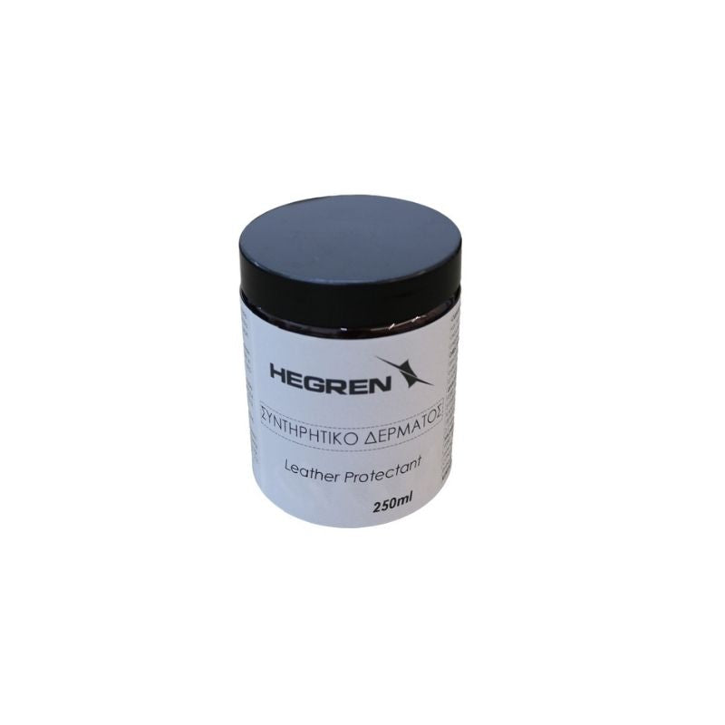 A 250ml jar of Hegren Upholstery Care Conditioner, with a black lid and Greek text under the brand name, sits against a white background—ideal for genuine and synthetic leather protection.
